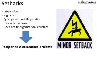Setbacks
• Integration
• High costs
• Synergy with retail operation
• Lack of know how
• Does not fit organization structure




Postponed e-commerce projects
 
