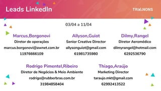 03/04 a 11/04
Marcus,Borgonovi
marcus.borgonovi@awnet.com.br
11976666109
Diretor de operações
Allyson,Guiot
allysonguiot@gmail.com
61981735980
Senior Creative Director
Thiago,Araújo
taraujo.mkt@gmail.com
62992413522
Marketing Director
Rodrigo Pimentel,Ribeiro
rodrigo@rubberbras.com.br
31984858404
Diretor de Negócios & Meio Ambiente
Dilmy,Rangel
dilmyrangel@hotmail.com
6292536790
Diretor Aeromédico
Leads LinkedIn
 
