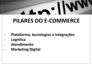 E O F-COMMERCE?
PILARES DO E-COMMERCE
- Plataforma, tecnologias e integrações
- Logística
- Atendimento
- Marketing Digital
 
