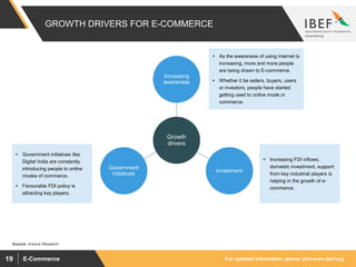 For updated information, please visit www.ibef.orgE-Commerce19
GROWTH DRIVERS FOR E-COMMERCE
Growth
drivers
Increasing
awareness
Investment
Government
initiatives
 Government initiatives like
Digital India are constantly
introducing people to online
modes of commerce.
 Favourable FDI policy is
attracting key players.
 Increasing FDI inflows,
domestic investment, support
from key industrial players is
helping in the growth of e-
commerce.
 As the awareness of using internet is
increasing, more and more people
are being drawn to E-commerce.
 Whether it be sellers, buyers, users
or investors, people have started
getting used to online mode or
commerce.
Source: Aranca Research
 