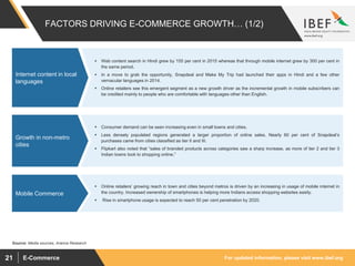 For updated information, please visit www.ibef.orgE-Commerce21
 Web content search in Hindi grew by 155 per cent in 2015 whereas that through mobile internet grew by 300 per cent in
the same period.
 In a move to grab the opportunity, Snapdeal and Make My Trip had launched their apps in Hindi and a few other
vernacular languages in 2014.
 Online retailers see this emergent segment as a new growth driver as the incremental growth in mobile subscribers can
be credited mainly to people who are comfortable with languages other than English.
 Consumer demand can be seen increasing even in small towns and cities.
 Less densely populated regions generated a larger proportion of online sales. Nearly 60 per cent of Snapdeal’s
purchases came from cities classified as tier II and III.
 Flipkart also noted that “sales of branded products across categories saw a sharp increase, as more of tier 2 and tier 3
Indian towns took to shopping online.”
 Online retailers’ growing reach in town and cities beyond metros is driven by an increasing in usage of mobile internet in
the country. Increased ownership of smartphones is helping more Indians access shopping websites easily.
 Rise in smartphone usage is expected to reach 50 per cent penetration by 2020.
FACTORS DRIVING E-COMMERCE GROWTH… (1/2)
Internet content in local
languages
Growth in non-metro
cities
Mobile Commerce
Source: Media sources, Aranca Research
 