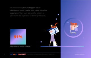 An overwhelming 91% of shoppers would
abandon an online retailer over a poor shopping
experience. Many say it is crucial for retailers to
personalize the experience to ﬁt their preferences.
abandon an online retailer
Ecommerce Personalization Benchmark Report 2021 netcorecloud.com
91%
4
 