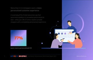 want more personalized CX
More than 3 in 4 shoppers want a more
personalized customer experience
A surprising 41% of retail executives say their
ecommerce platform is somewhat personalized at
best— while just 13% of online retailers provide
shoppers with a completely personalized experience.
77%
Ecommerce Personalization Benchmark Report 2021 netcorecloud.com
5
 