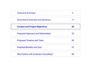 eCommerce Overview and Dynamics 11 Proposed Timeline and Team 50 Potential Benefits and Cost 57 Context and Project Objectives 29 Proposed Approach and Deliverables 33 Why Partner with Andersen Consulting? 60 Executive Summary 3 