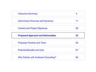 eCommerce Overview and Dynamics 11 Proposed Timeline and Team 50 Potential Benefits and Cost 57 Context and Project Objectives 29 Proposed Approach and Deliverables 33 Why Partner with Andersen Consulting? 60 Executive Summary 3 