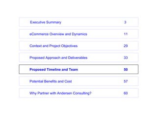 eCommerce Overview and Dynamics 11 Proposed Timeline and Team 50 Potential Benefits and Cost 57 Context and Project Objectives 29 Proposed Approach and Deliverables 33 Why Partner with Andersen Consulting? 60 Executive Summary 3 