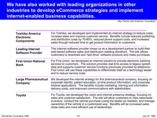 We have also worked with leading organizations in other industries to develop eCommerce strategies and implement internet-enabled business capabilities. For Toyota, we developed the vision and internet presence strategy, focusing on sales and customer satisfaction.  The site will allow customers to view nationwide inventory, conduct the vehicle purchase (using the dealer as needed), and manage ownership of the vehicle in a customized way.  Benefits will be increased sales close rates and more efficient use of dealerships. Toyota This internet software provider chose us as a development partner to build their web-based software sales and distribution retailing storefront.  The site allows customers to download and “test drive” software products and make purchases. Leading Internet Software Provider For First Union, we developed an internet solution to provide electronic banking services to customers.  The solution provides real time access to legacy system data and supports customer service functions previously provided by telephone.  First Union will use these capabilities to differentiate itself as a technology leader and to reduce service costs. First Union National Bank We developed the internet strategy for this pharmaceutical company, focusing on corporate identity, patient education, on-line product information, and corporate intranet applications.  The benefits include marketing, training and information delivery costs, and improved communications with stakeholders. Large Pharmaceutical Company For Toshiba, we developed and implemented an internet strategy to reduce costs, increase sales and improve customer service.  Benefits include reduced publishing and distribution costs by 70-80%, reduced phone support costs, and increased sales through reduced time to get product information to customers. Toshiba America Electronic Components 