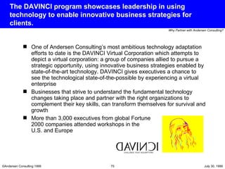 The DAVINCI program showcases leadership in using technology to enable innovative business strategies for clients. One of Andersen Consulting’s most ambitious technology adaptation efforts to date is the DAVINCI Virtual Corporation which attempts to depict a virtual corporation: a group of companies allied to pursue a strategic opportunity, using innovative business strategies enabled by state-of-the-art technology. DAVINCI gives executives a chance to see the technological state-of-the-possible by experiencing a virtual enterprise Businesses that strive to understand the fundamental technology changes taking place and partner with the right organizations to complement their key skills, can transform themselves for survival and growth More than 3,000 executives from global Fortune  2000 companies attended workshops in the  U.S. and Europe 