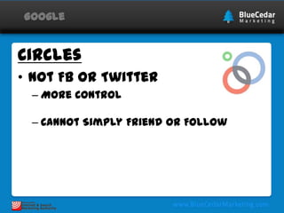 Google

Circles
• Not FB or Twitter
– More Control
– Cannot Simply Friend or Follow

 