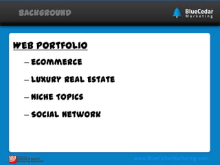 Background

Web Portfolio
– eCommerce
– Luxury Real Estate

– Niche Topics
– Social Network

 