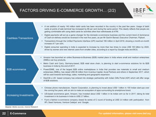 For updated information, please visit www.ibef.orgE-Commerce22
 Amazon has launched an online Business-to-Business (B2B) market place in India where small and medium enterprises
(SMEs) can buy products.
 Metro Cash and Carry, Germany-based, B2B retail store chain, is planning to start e-commerce solutions for its B2B
business in India by the end of 2017.
 Power2SME, one of the largest B2B online marketplaces in India that provides raw materials to small and medium
enterprises (SMEs), has raised US$ 36 million from Inventus Capital, Accel Partners and others in September 2017, which
will be used towards technology, sales, marketing and geographic expansion.
 DesiClik a US based company has entered into strategic partnership with Indian Gifts Portal (IGP) which will offer range
of B2B solutions.
 A net addition of nearly 140 million debit cards has been recorded in the country in the past few years. Usage of debit
cards at points of sale terminal has increased by 86 per cent during the same period. This clearly reflects that people are
getting comfortable with using debit cards for activities other than withdrawals at ATM.
 Digital payments will act as a game changer for the domestic e-commerce business and the current trend of dominance
of Cash-on-delivery would be reversed in the next five years, as per Mr Sachin Bansal, Executive Chairman, Flipkart.
 Transactions through the Unified Payments Interface (UPI) reached 190 million in April 2018, showing a month-on-month
increase of 7 per cent.
 Digital consumer spending in India is expected to increase by more than two times to cross US$ 100 billion by 2020,
driven by women and new internet users from smaller cities, according to a report by Google India and BCG.
FACTORS DRIVING E-COMMERCE GROWTH… (2/2)
Cashless Transactions
Source: Media sources, Aranca Research
B2B ecommerce
 Chinese phone manufacturer, Xiaomi Corporation, is planning to invest about US$ 1 billion in 100 Indian start-ups over
the coming five years, with an aim to make an ecosystem of apps surrounding its smartphone brand.
 US-based ecommerce giant, Amazon, has invested about US$ 1 billion in its Indian arm so far in 2017, taking its total
investment in its business in India to US$ 2.7 billion.
 Fynd a fashion e-commerce company closed its series of C round of funding at US$ 3.4 million with participation from
IIFL Seed Ventures, Venture Catalyst and Google.
Increasing Investments
 