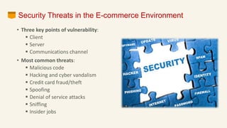 Security Threats in the E-commerce Environment
• Three key points of vulnerability:
 Client
 Server
 Communications channel
• Most common threats:
 Malicious code
 Hacking and cyber vandalism
 Credit card fraud/theft
 Spoofing
 Denial of service attacks
 Sniffing
 Insider jobs
 