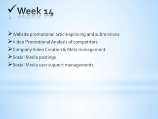 
Website promotional article spinning and submissions
Video Promotional Analysis of competitors
CompanyVideo Creation & Meta management
Social Media postings
Social Media user support managements
 