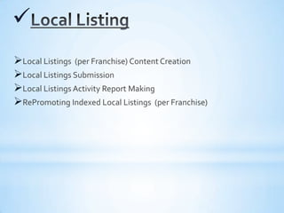 
Local Listings (per Franchise) Content Creation
Local Listings Submission
Local Listings Activity Report Making
RePromoting Indexed Local Listings (per Franchise)
 