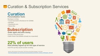 8 Curation & Subscription Services 
Curation 
Personalization Tactic 
Boutique-In-A-Box: 
• Trunk Club (Sold to Nordstrom for $350M) 
• Birchbox 
• ShoeDazzle.com 
• Nature Box 
Subscription 
Order again and save money 
• Amazon Subscribe & Save 
• Dollar Shave Club (Gillette already has responded) 
22% of users 
Have already signed up for this type of service 
And 47% say they would consider enrolling 
Source: UPS ComScore Survey 2014 “UPS Pulse of the Online Shopper” June 2014 
http://thenewlogistics.ups.com/retail/comscorestudy/documents/UPS_comScore_Whitepaper_2014.pdf 
 