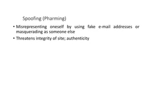 Spoofing (Pharming)
• Misrepresenting oneself by using fake e-mail addresses or
masquerading as someone else
• Threatens integrity of site; authenticity
 