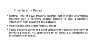 Other Security Threats
• Sniffing: Type of eavesdropping program that monitors information
traveling over a network; enables hackers to steal proprietary
information from anywhere on a network
• Insider jobs: Single largest financial threat
• Poorly designed server and client software: Increase in complexity of
software programs has contributed to an increase is vulnerabilities
that hackers can exploit
 