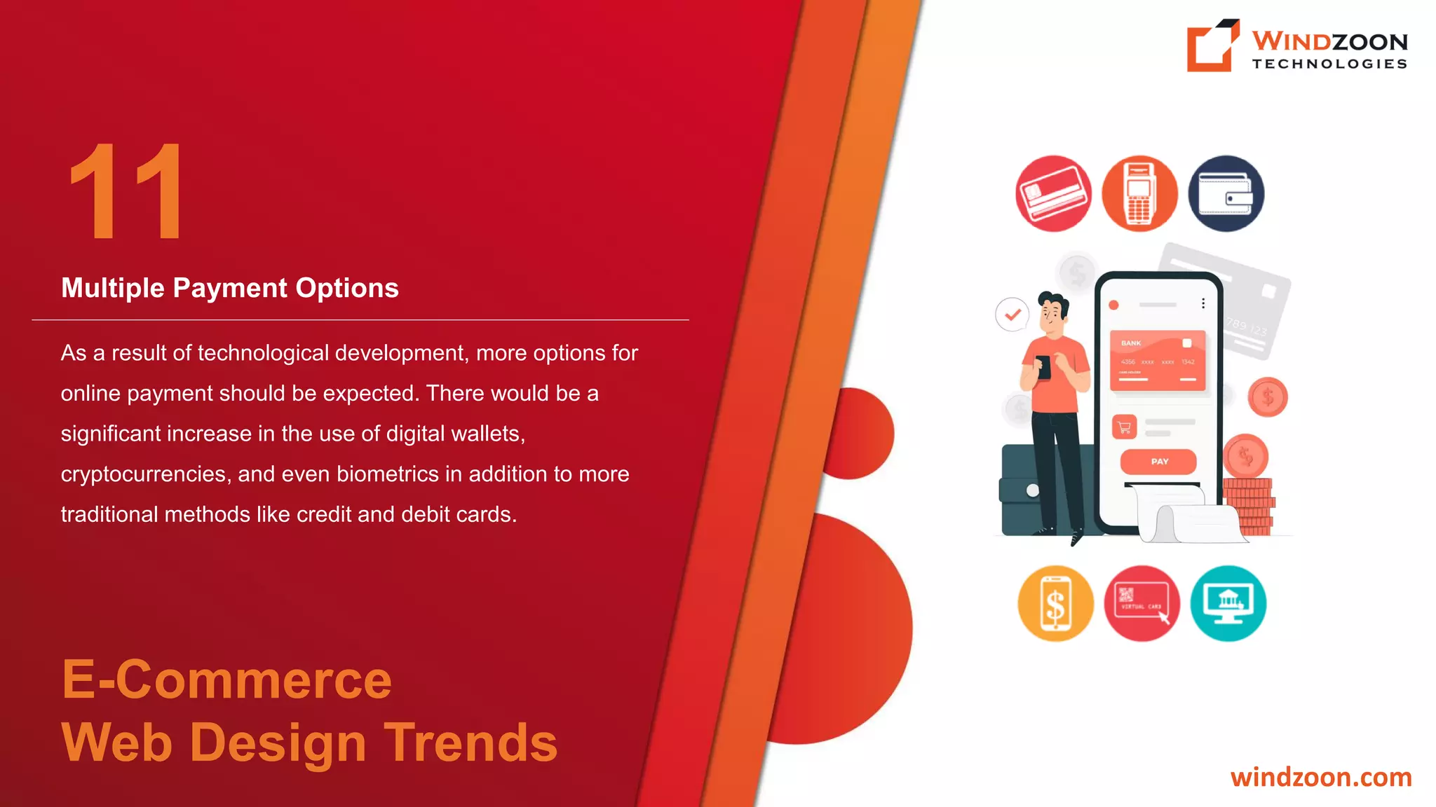 Multiple Payment Options
windzoon.com
As a result of technological development, more options for
online payment should be expected. There would be a
significant increase in the use of digital wallets,
cryptocurrencies, and even biometrics in addition to more
traditional methods like credit and debit cards.
11
E-Commerce
Web Design Trends
 