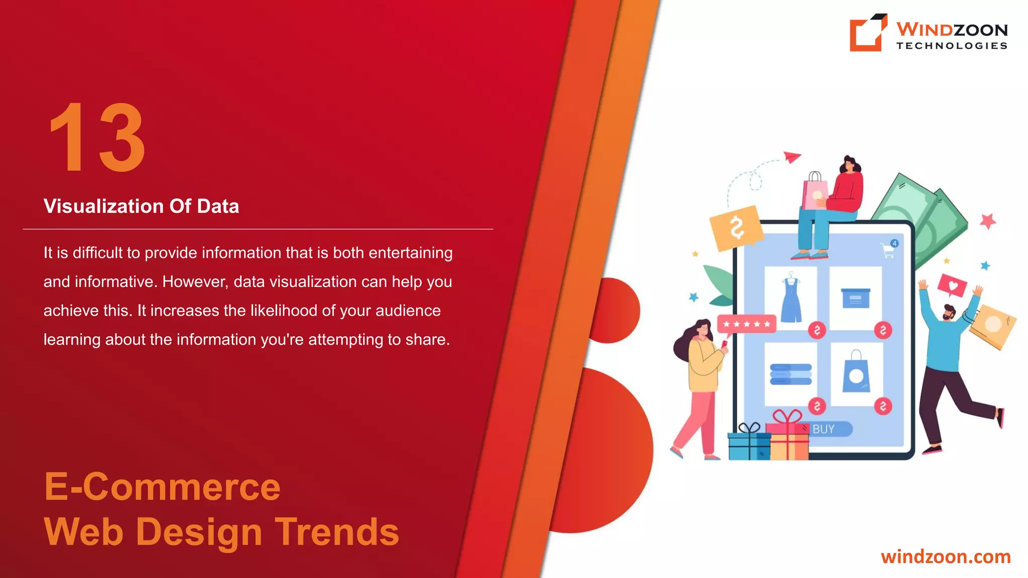 Visualization Of Data
windzoon.com
It is difficult to provide information that is both entertaining
and informative. However, data visualization can help you
achieve this. It increases the likelihood of your audience
learning about the information you're attempting to share.
13
E-Commerce
Web Design Trends
 
