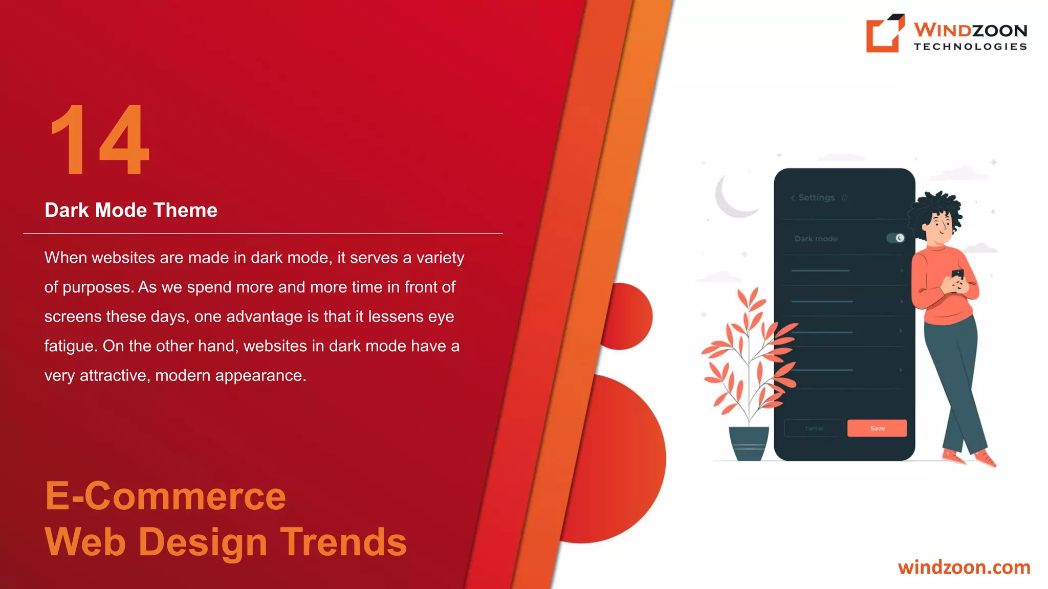 Dark Mode Theme
windzoon.com
When websites are made in dark mode, it serves a variety
of purposes. As we spend more and more time in front of
screens these days, one advantage is that it lessens eye
fatigue. On the other hand, websites in dark mode have a
very attractive, modern appearance.
14
E-Commerce
Web Design Trends
 