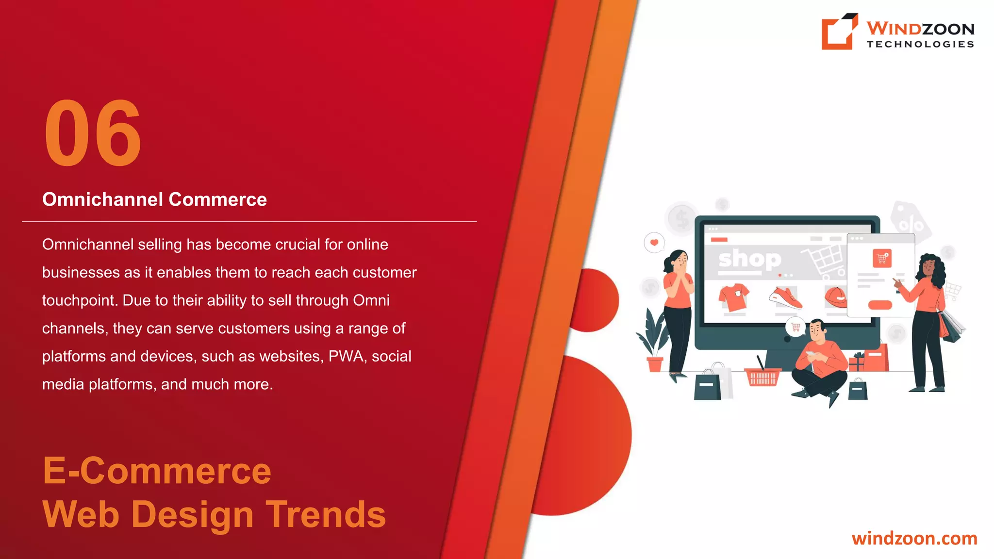 Omnichannel Commerce
windzoon.com
Omnichannel selling has become crucial for online
businesses as it enables them to reach each customer
touchpoint. Due to their ability to sell through Omni
channels, they can serve customers using a range of
platforms and devices, such as websites, PWA, social
media platforms, and much more.
06
E-Commerce
Web Design Trends
 