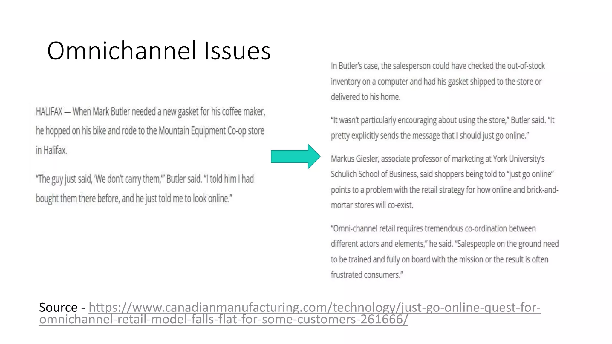 Omnichannel Issues
Source - https://www.canadianmanufacturing.com/technology/just-go-online-quest-for-
omnichannel-retail-model-falls-flat-for-some-customers-261666/
 