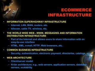 ECOMMERCE
INFRASTRUCTURE
• INFORMATION SUPERHIGHWAY INFRASTRUCTURE
– Internet, LAN, WAN, routers, etc.
– telecom, cable TV, wireless, etc.
• THE WORLD WIDE WEB - WWW, MESSAGING AND INFORMATION
DISTRIBUTION INFRASTRUCTURE
– Part of the Internet and allows users to share information with an
easy-to-use interface
– HTML, XML, e-mail, HTTP, Web browsers, etc.
• COMMON BUSINESS INFRASTRUCTURE
– Security, authentication, electronic payment, directories, catalogs, etc.
• WEB ARCHITECTURE
– Client/server model
– N-tier architecture; e.g., web servers, application servers, database
servers, scalability
 