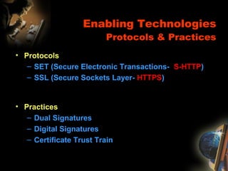 Enabling Technologies
Protocols & Practices
• Protocols
– SET (Secure Electronic Transactions- S-HTTP)
– SSL (Secure Sockets Layer- HTTPS)
• Practices
– Dual Signatures
– Digital Signatures
– Certificate Trust Train
 