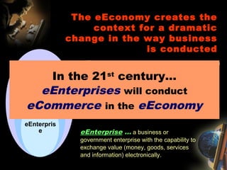 eEconomy … the broad business environment in
which global commerce is conducted.
eEconomy
eCommerce … the conduct of business among
eEnterprises and consumers with an alignment of
people, processes and technology with eCommerce
enlightened strategic intent.
eCommerce
eEnterprise … a business or
government enterprise with the capability to
exchange value (money, goods, services
and information) electronically.
eEnterpris
e
The eEconomy creates the
context for a dramatic
change in the way business
is conducted
In the 21st
century…
eEnterprises will conduct
eCommerce in the eEconomy
 