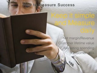 How to measure Success 
Keep it simple 
and Measure 
daily 
Net margin/Revenue 
Customer lifetime value 
Marketing spending 
Customer data 
 
