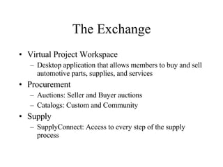 The Exchange Virtual Project Workspace  Desktop application that allows members to buy and sell automotive parts, supplies, and services Procurement Auctions: Seller and Buyer auctions Catalogs: Custom and Community Supply SupplyConnect: Access to every step of the supply process  