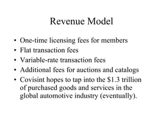 Revenue Model One-time licensing fees for members Flat transaction fees Variable-rate transaction fees Additional fees for auctions and catalogs Covisint hopes to tap into the $1.3 trillion of purchased goods and services in the global automotive industry (eventually). 
