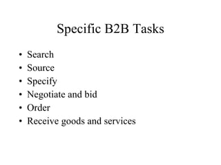 Specific B2B Tasks Search Source Specify Negotiate and bid Order Receive goods and services 