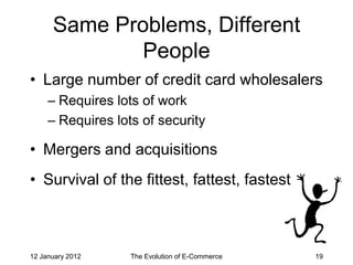 Same Problems, Different
             People
• Large number of credit card wholesalers
     – Requires lots of work
     – Requires lots of security

• Mergers and acquisitions
• Survival of the fittest, fattest, fastest



12 January 2012    The Evolution of E-Commerce   19
 