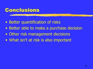 Conclusions Better quantification of risks Better able to make a purchase decision Other risk management decisions What isn’t at risk is also important 