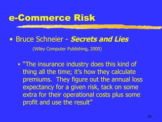 e-Commerce Risk Bruce Schneier -  Secrets and Lies     (Wiley Computer Publishing, 2000) “ The insurance industry does this kind of thing all the time; it’s how they calculate premiums.  They figure out the annual loss expectancy for a given risk, tack on some extra for their operational costs plus some profit and use the result” 