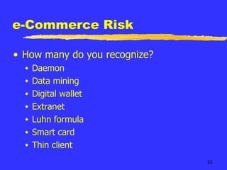 e-Commerce Risk How many do you recognize? Daemon Data mining Digital wallet Extranet Luhn formula Smart card Thin client 
