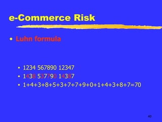 e-Commerce Risk Luhn formula 1234 567890 12347 1 4 3 8  5 3 7 7 9 0  1 4 3 8 7 1+4+3+8+5+3+7+7+9+0+1+4+3+8+7=70 