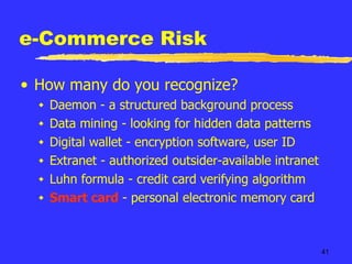 e-Commerce Risk How many do you recognize? Daemon - a structured background process  Data mining - looking for hidden data patterns Digital wallet - encryption software, user ID Extranet - authorized outsider-available intranet Luhn formula - credit card verifying algorithm Smart card  - personal electronic memory card 