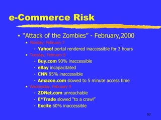 e-Commerce Risk “ Attack of the Zombies” - February,2000 Monday, February 7 Yahoo!  portal rendered inaccessible for 3 hours Tuesday, February 8 Buy.com  90% inaccessible eBay  incapacitated CNN  95% inaccessible  Amazon.com  slowed to 5 minute access time Wednesday, February 9 ZDNet.com  unreachable E*Trade  slowed “to a crawl” Excite  60% inaccessible 