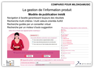 Modèle de publication inédit Navigation à facette garantissant toujours des résultats Recherche multi critères / multi valeurs orientée AJAX Recherche guidée par un conseiller virtuel Recherche par un moteur d‘auto suggestion COMPARIO POUR MILONGAMUSIC La gestion de l’information produit 