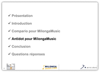Présentation Introduction Compario pour MilongaMusic Antidot pour MilongaMusic Conclusion  Questions réponses 
