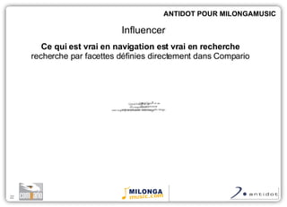 Ce qui est vrai en navigation est vrai en recherche recherche par facettes définies directement dans Compario ANTIDOT POUR MILONGAMUSIC Influencer 