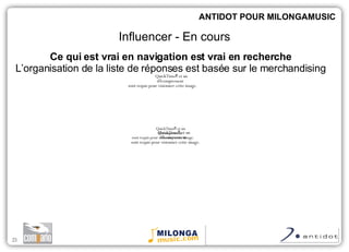 Ce qui est vrai en navigation est vrai en recherche L’organisation de la liste de réponses est basée sur le merchandising ANTIDOT POUR MILONGAMUSIC Influencer - En cours 