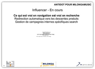 Ce qui est vrai en navigation est vrai en recherche Redirection automatique vers les descentes produits Gestion de campagnes internes spécifiques search ANTIDOT POUR MILONGAMUSIC Influencer - En cours 