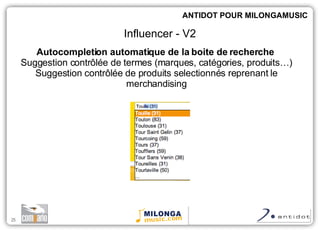 Autocompletion automatique de la boite de recherche  Suggestion contr ôlée de termes (marques, catégories, produits…) Suggestion contrôlée de produits selectionnés reprenant le merchandising ANTIDOT POUR MILONGAMUSIC Influencer - V2 