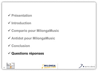 Présentation Introduction Compario pour MilongaMusic Antidot pour MilongaMusic Conclusion  Questions réponses 