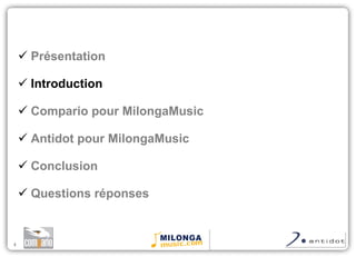 Présentation Introduction Compario pour MilongaMusic Antidot pour MilongaMusic Conclusion  Questions réponses 
