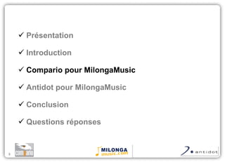 Présentation Introduction Compario pour MilongaMusic Antidot pour MilongaMusic Conclusion  Questions réponses 