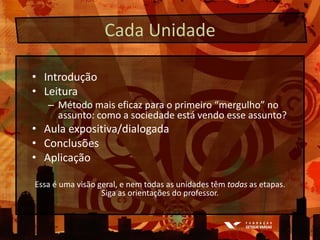 Cada UnidadeIntrodução LeituraMétodo mais eficaz para o primeiro “mergulho” no assunto: como a sociedade está vendo esse assunto?Aula expositiva/dialogadaConclusõesAplicaçãoEssa é uma visão geral, e nem todas as unidades têm todas as etapas. Siga as orientações do professor.